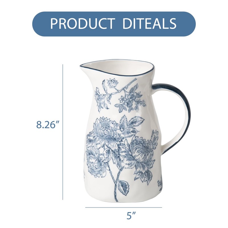 Magclay Ceramic Pitcher Vase, Blue and White Jug for Home