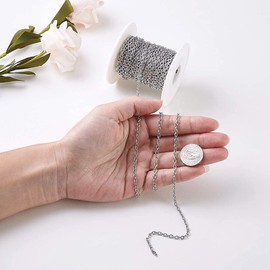 KISSITTY 32.8 Feet/ 10 Meters Hypoallergenic Stainless Steel Unwelded Cross Chains 4x3x0.8mm Oval Link Cable Necklace Chains with Spool for DIY Jewelry Making