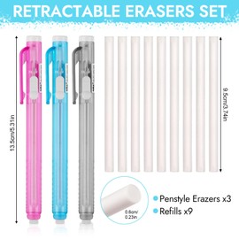 Pencil Style Eraser Pen Set, 3 Retractable Erasers + 9 Refill Erasers, Refillable Precision Eraser for Pencils Drawing, Learning, Office