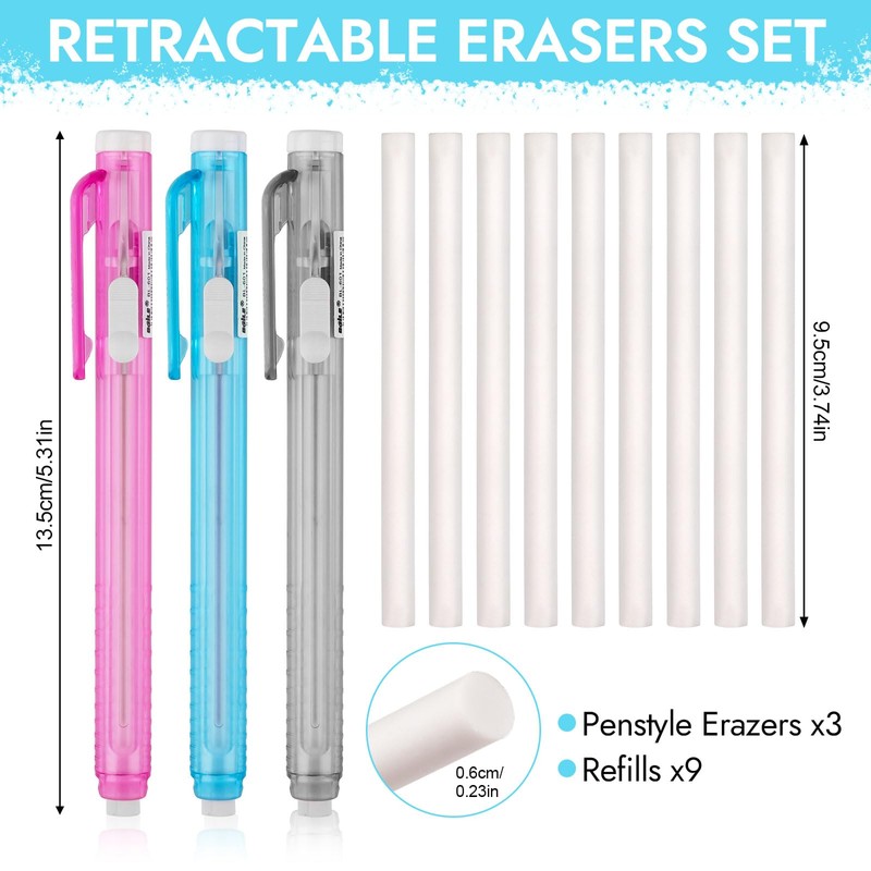 Pencil Style Eraser Pen Set, 3 Retractable Erasers + 9