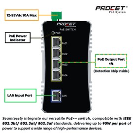 PROCET Gigabit PoE Switch 4-Port Din Rail, 90W/Port, Industrial POE++ Ethernet Switch with Wide Temp -40°F to 149°F, Boost, 12-57V DC Input, IEEE802.3af/802.3at/802.3bt, PT-PIS4PB1T-E