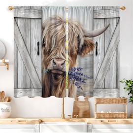 Famiffty Highland Cow Farmhouse Kitchen Curtains 27.5W X 39L Inch 2 Panels Rod Pocket Rustic Bull Country Barn Door Small Short Cafe Tier Window Drapes Western Wooden Lavender Bathroom Home Decor