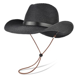 EINSKEY Straw Cowboy Cowgirl Hat for Men Women, Adjustable Sombrero Sun Hat with Shapeable Wide Brim & Detachable Chin Strap Black