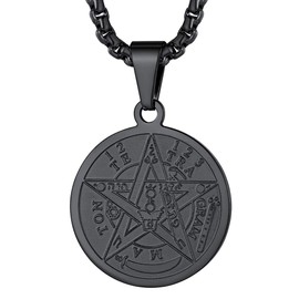 FaithHeart Black Solomon Pendant Wicca Pentagram Jewellery for Male Antique Tetragrammaton Symbol Medal Stainless Steel Coin Necklace Protective Gift for Family