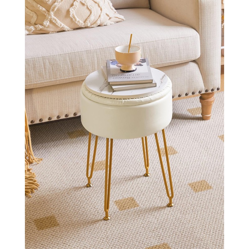 IBUYKE Faux Leather Round Footrest Stool with Storage Ottoman, Makeup