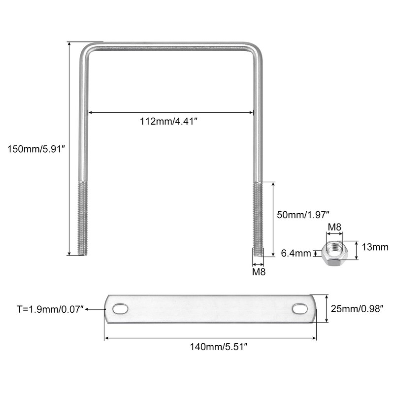 sourcing map Square U-Bolts, 3 Sets 112mm(4.41") Inner Width 150mm
