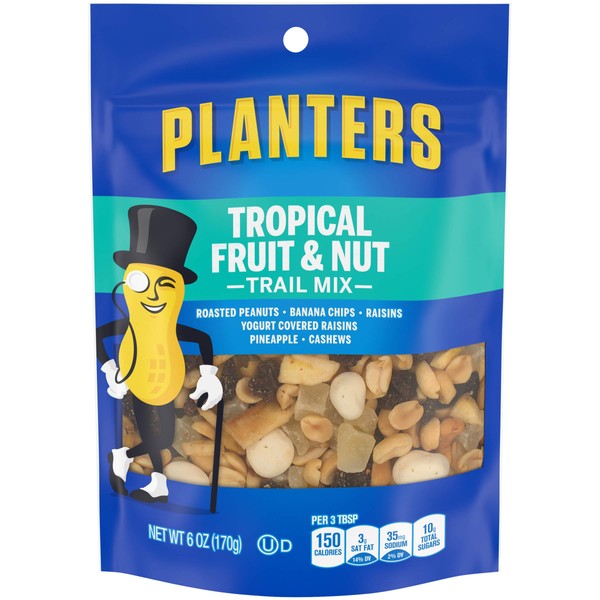 Planters Tropical Fruit & Nut Trail Mix with Roasted Peanuts (Banana Chips, Raisins, Yogurt Raisins, Pineapple & Cashews, 6 oz Pack of 12)