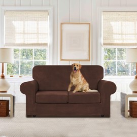 WEERRW Velvet Couch Covers for 2 Cushion Couch Sofa - High Stretch Luxury Velvet Plush 3 Pieces Sofa Slipcovers with Elastic Bottom, Furniture Protector for Pets, Machine Washable, Chocolate, Medium