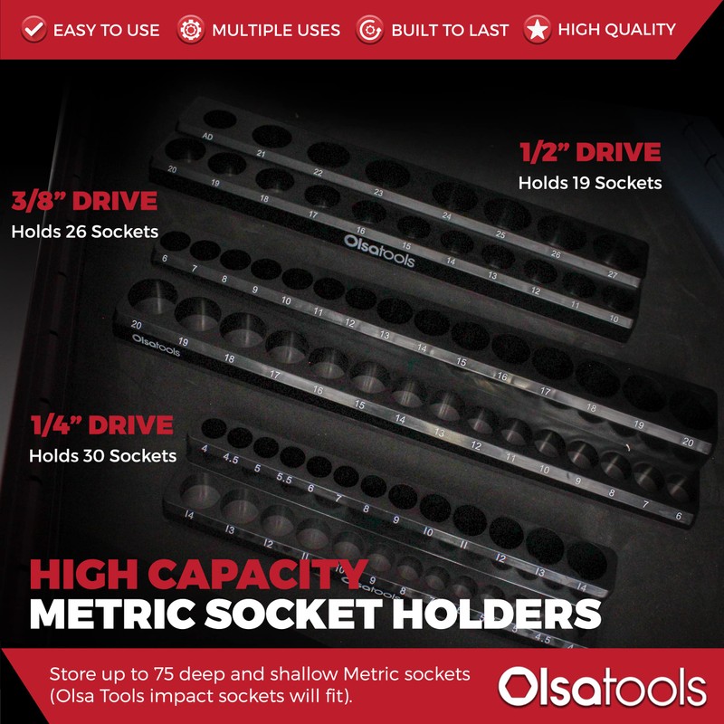 Olsa Tools Magnetic Socket Organizer | 3 Piece Socket Holder