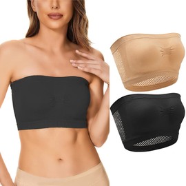 FDEETY Women's Bandeau Bra, 2 Pieces, Strapless, Unpadded Bandeau Bra with Breathable Mesh, Unpadded, Seamless Bandeau Tube Top Bra, Black and nude