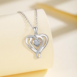 Heart Nnecklaces for Women,925 Sterling Silver Heart Pendant Necklace with 1CT 5A Zircon/Opal/Moonstone/Turquoise,Double Heart Birthstone Necklace,Valentines Day Gifts