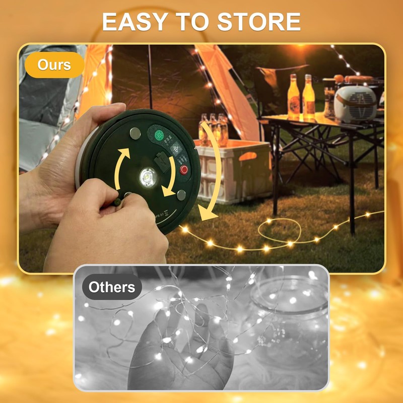 Camping String Lights, 4 in 1 Quick Storage 33FT Rechargeable