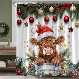 AYDSMYD Christmas Highland Cow Shower Curtain Cute Xmas Rustic Farmhouse Animal Winter Holiday Fabric Bathroom Decor Set Include Hooks,70" WX70 H