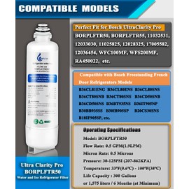 MMFILTER BORPLFTR50 Replacement for Bosch Ultra Clarity Pro Water Filter, Compatible with 11032531 12033030 BORPLFTR55 B36CT80SNS B36CL80ENS REPLFLTR55 RA450022 Refrigerator Water Filter (2-PACK)
