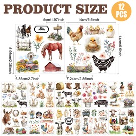 AHANDMAKER 12 Sheets Farm Animal Rub on Transfer Stickers, Farmhouse Decals, Chicken Cow Sheep Pig Duck Rabbit Sticker for Crafts Glass Wood Furniture Home Decor, 5.5x5.5"