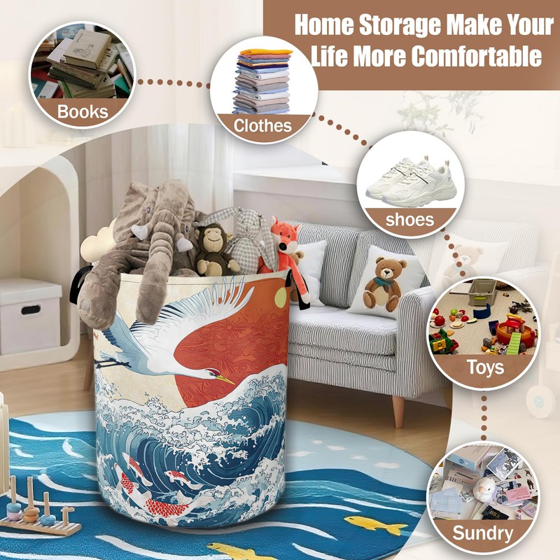 White Crane Laundry Baskets,Red Sun Japanese Wave Laundry Hamper,Storage Basket