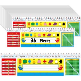 36 PCS Desk Nameplates, Double Sided PET Film Desk Name Tags with Alphabet, Numbers, Multiplication Chart, Shapes, Colors and Ruler Erasable & Reusable Traditional Manuscript Name Plate (14” x 4”)
