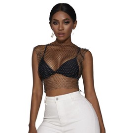 KEWUF Festival Top Women's Glitter Rhinestone Shiny Mesh Body Chain Tops - Sparkling Bikini Crop Top for Women Black Rhinestone Tops for Night Club Party Festival - Crew Neck