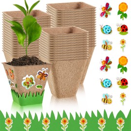 Gueevin 100 Pack Garden Paper Pot Craft Kit Flower Plant Spring Craft Including Peat Plant Pots Adhesive Foam Stickers Pot Stickers EVA Grass for Kids DIY Craft Flower Planting Growing, Square