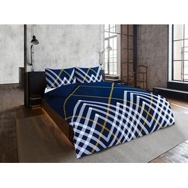 Charlotte Andersen Maxwell Geo Check Single Duvet Cover Set Reversible Easy Care Polycotton Navy Blue Geometric Bedding (Navy, Single)
