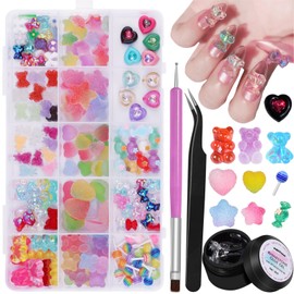 editTime Sweet Cute Kawaii Colorful Resin Acrylic 3D Gummy Candy Bear Heart Love Star Big Nail Charms with Nail Charm Glue and Pickup Tools for Nail DIY Craft Accessories (C3-15 Grid with glue)