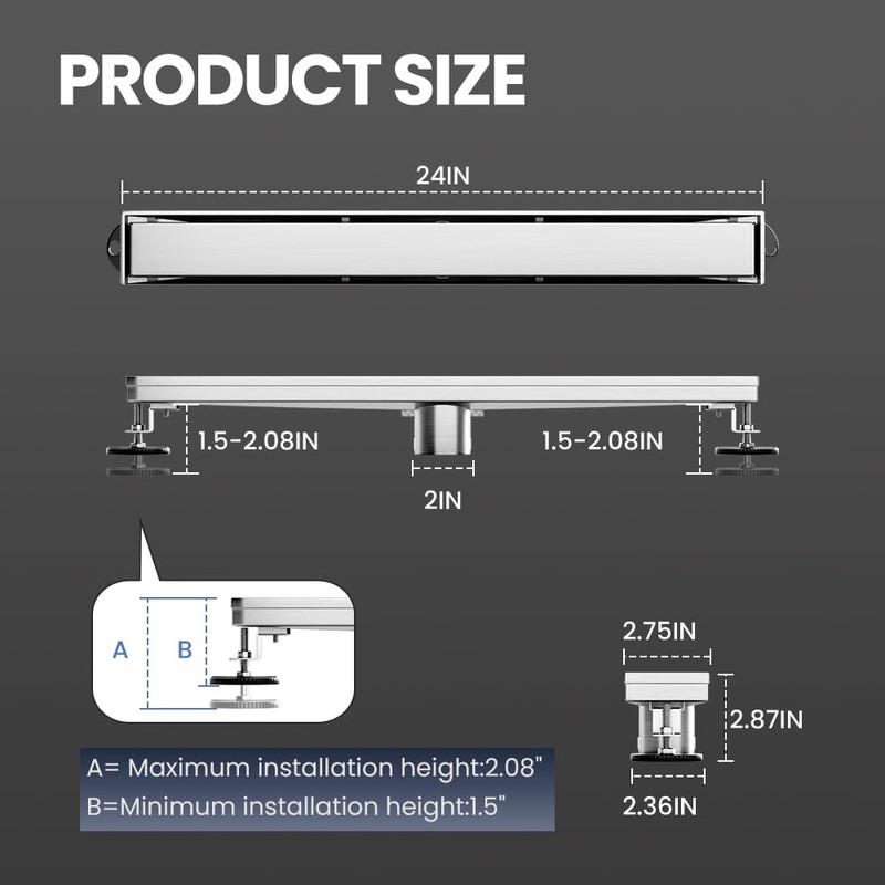 LISEEGO Linear Shower Drain 24 Inch, Shower Drain with 2-in-1