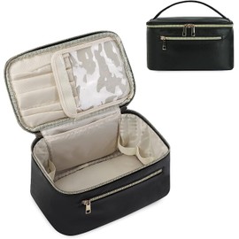 Bolsa De Cosméticos De Viaje De Gran Capacidad, Bolsa De Cosméticos Portátil De Cuero Resistente Al Agua, Bolsa De Cosméticos Multifuncional Para Mujer Con Asas (negro)