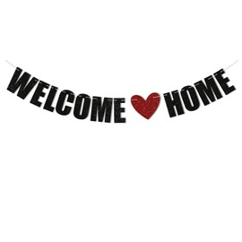 Welcome Home Banner - Family Party Decorations, Black Glitter Welcome Back Sign, Welcome Sign, Retirement Party Housewarming Party Decorations