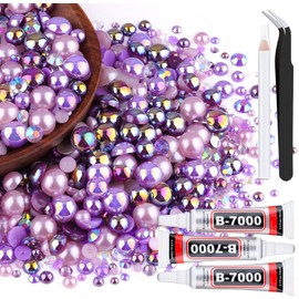80g Flatback Pearls and Rhinestones for Crafting, Purple 3-10mm Resin Rhinestones and Half Pearls for Bedazzling, Nail Art and Dec with 3pcs 10ml B7000 Jewelry Glue, Tweezer and Pickup Pencil