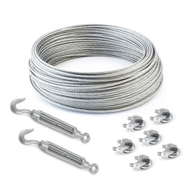 Set Of 15 M Galvanised Wire Rope 3 mm Strand: 6 x 7 + 6 Clamps + 2 Eyelets/Hook Tensioners