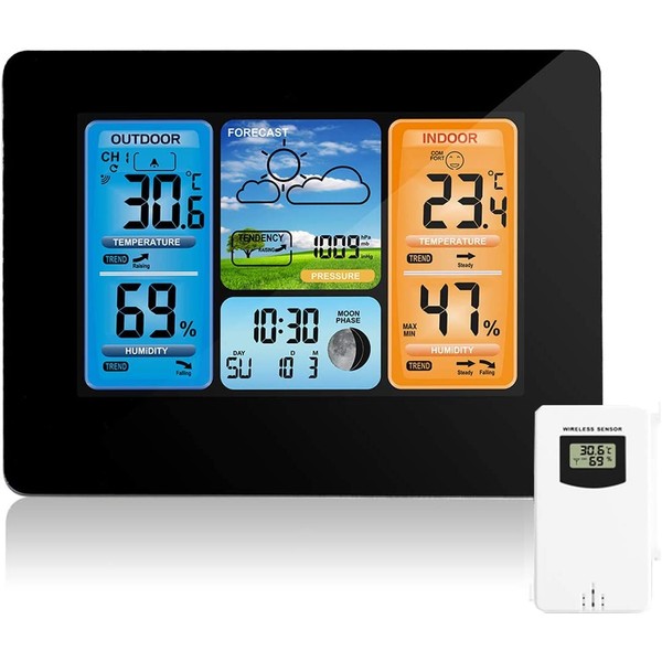 AOZBZ Drahtlose Wetterstation mit Außensensor, Innen- und Außenthermometer mit Zeit,
