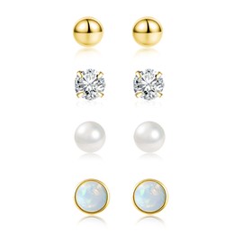 ALEXCRAFT Gold Silver Earrings Small Stud Earrings Set Women's Small Stud Earrings Set Hypoallergenic Sterling Silver Earrings Small Ball Beads Opal Zirconia Small Earring Set for Multiple Piercings,