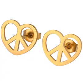 Stainless Steel Heart Shaped World Peace Sign Stud Earrings (Gold)