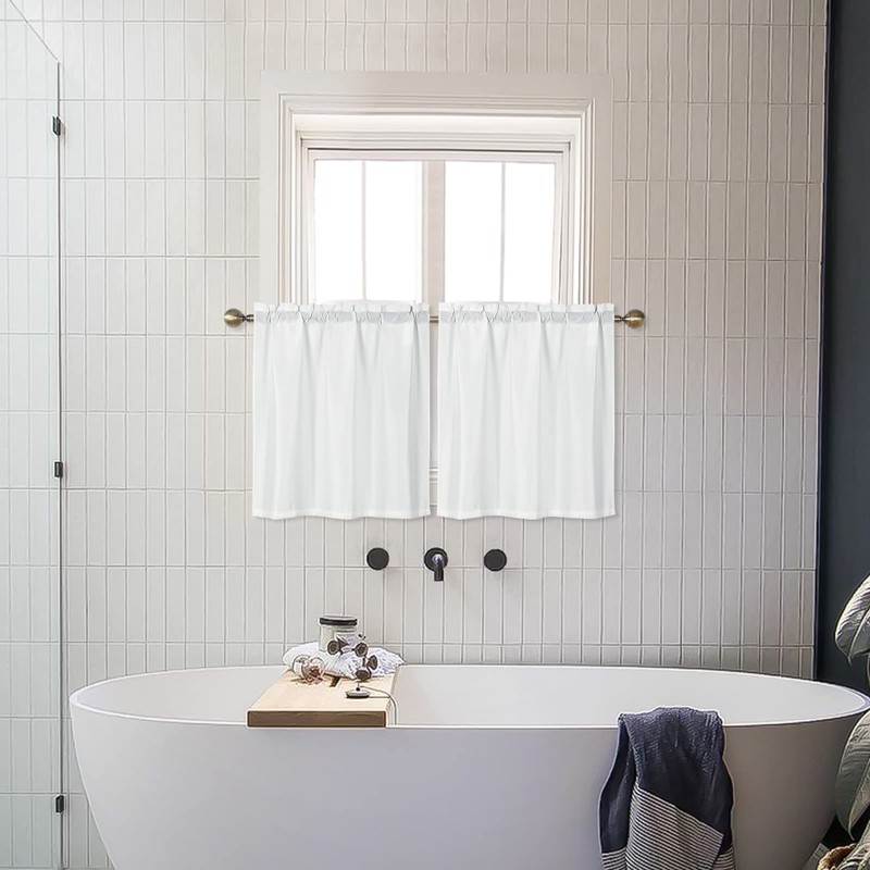 Home Queen White Waffle Bathroom Window Curtains, Water Repellent Rod