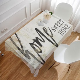 Orlco Art Home Sweet Home Beige White Tablecloth Table Cover Waterproof Fabric Table Cloth for Dining Room Kitchen Party and Outdoor 60"x90"