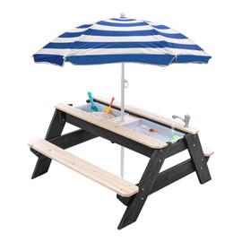 Kids 3-in-1 Sand & Water Table, Wood Outdoor Convertible Picnic Table w/Umbrella, 2 Trays, Removable Top with Faucet, Picnic Table for Outdoor (Black/Navy)
