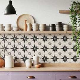 16 Pack, 5.9x5.9 Inch Star Compass Peel & Stick Tile Stickers Black-White Waterproof Removable Vinyl Backsplash Decals for Kitchen, Bathroom, Laundry, RV & Stair Risers (Beige)