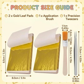 200 PCS Edible Gold Leaf, Gold Leaf Sheets, Easy to Use, Complete Set with 2 Gold Leaf Books, 1 Brush and 1 Tweezer, Ideal for Bakers, Pastry Chefs, Home Baking Enthusiasts, Bakery and Dessert Making