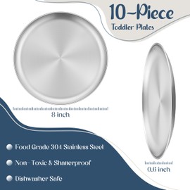 HaWare 10-Piece 18/8 Stainless Steel Kids Plates, 8 Inches Metal Dinner Plates for Toddler Child, Round Serving Trays for Feeding Camping, Non-Toxic Dishes, Shatterproof & Reusable, Dishwasher Safe