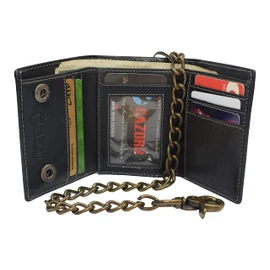 CAZORO RFID Blocking Men's Tri-fold Vintage Biker Vintage Buffalo Leather Steel Chain Wallet Snap closure (Black)