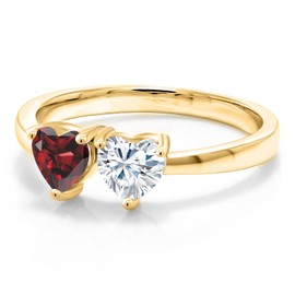 Gem Stone King 18K Yellow Gold Plated Silver Fashion Right-Hand Ring Heart Shape Red Garnet and Moissanite (1.02 Cttw) (Size 6)