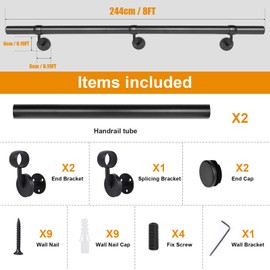 Patavin 8Ft Industrial Metal Stairs Handrail Kit, Sturdy Wall Mount Aluminum Hand Rail, Indoor Outdoor Stair Railing Wood Concrete Brick Wall,1.5 in Round Pipe Grab Bar, Matte Black-8FT