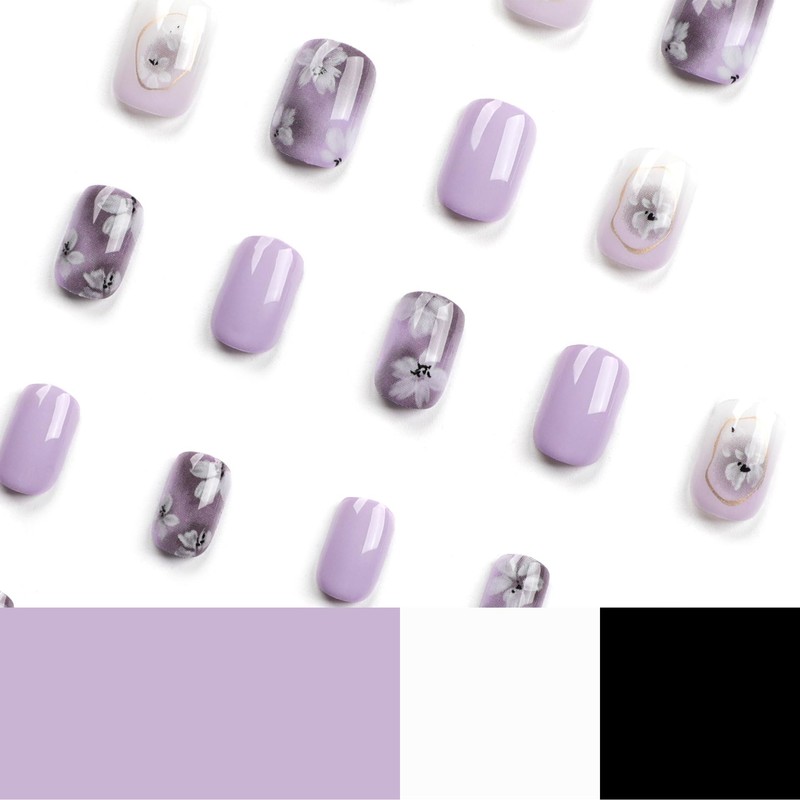 Purple Press on Nails Short Square Fake Nails Flower False