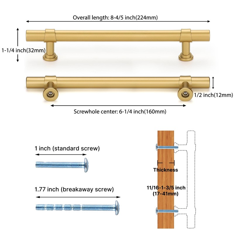 Haliwu 10 Pack Gold Cabinet Handles Brushed Brass Drawer Pulls