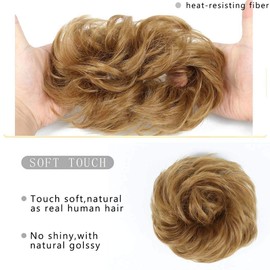 Vinzar Hair Bun Hairpieces Extensions Curly Wavy Synthetic Hair Fibers Elastic Scrunchie Updo Hair Wig Scrunchies for Women and Girls (Light Golden Brown)