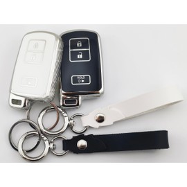 RUNZUIE 2Pcs 3 Buttons TPU Smart Remote Key Fob Cover for 2021-2013 Toyota Prius C V Highlander C-HR 4Runner RAV4 Tacoma (Black(a)/White(a))