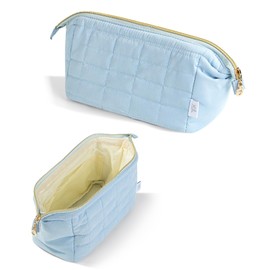 Ms. pen- Aesthetic Quilted Makeup Bag for Women, Dusty Blue, Puffy Padded Cute Makeup Bag Cute, Cosmetic Pouch, Quilted Pouch