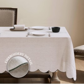 AORISSI 100% French Flax Linen Tablecloths Scalloped Embroidery Rectangle 120Lx60W Inch for Dinners, Parties, Spring, Machine Washable, 10-12 Sets, Linen(Edges-Green)