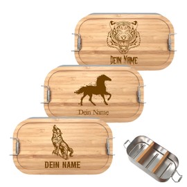 Generisch Brotdose mit Namen personalisiert 700ml, Lunchbox mit Tier Motiv und Namen aus Metall mit Bambusdeckel
