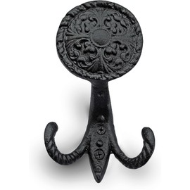 Ambipolar 3-Pack Fleur de lis Plate Style Coat Hooks, Vintage Black Hooks for Coats, Hats, and More, Sturdy Cast Iron Construction, Rustic Farmhouse Theme, Easy Installation Versatile and Durable